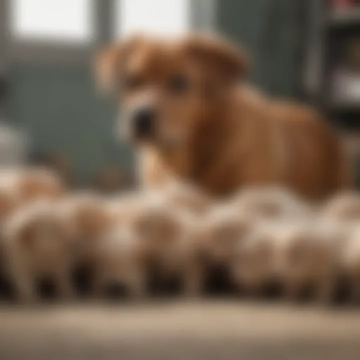 A close-up of a dog breeder interacting with puppies in a nurturing environment