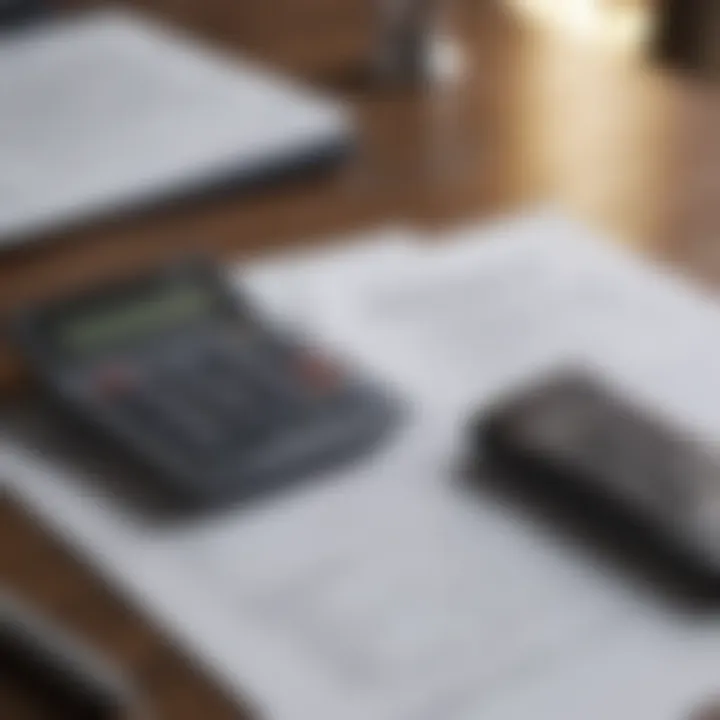 Close-up of documents and a calculator on a desk