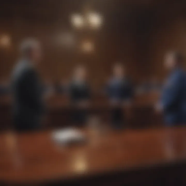 A courtroom scene with officials engaged in discussion