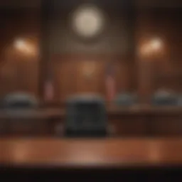 Courtroom setup showing the judge's bench and seating arrangement